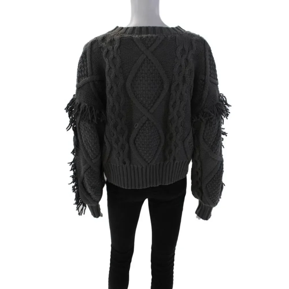 Line And Dot Womens Chunky Crochet Knit Fringe Cropped Sweater Gray Size Small